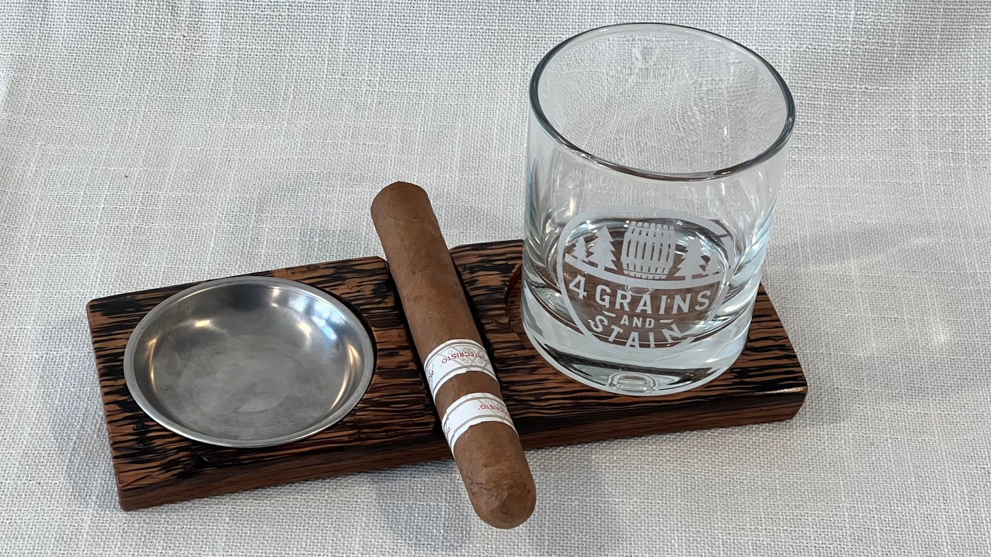 Bourbon Barrel Cigar Rest with Ashtray and Coaster / Whiskey Barrel Ashtray