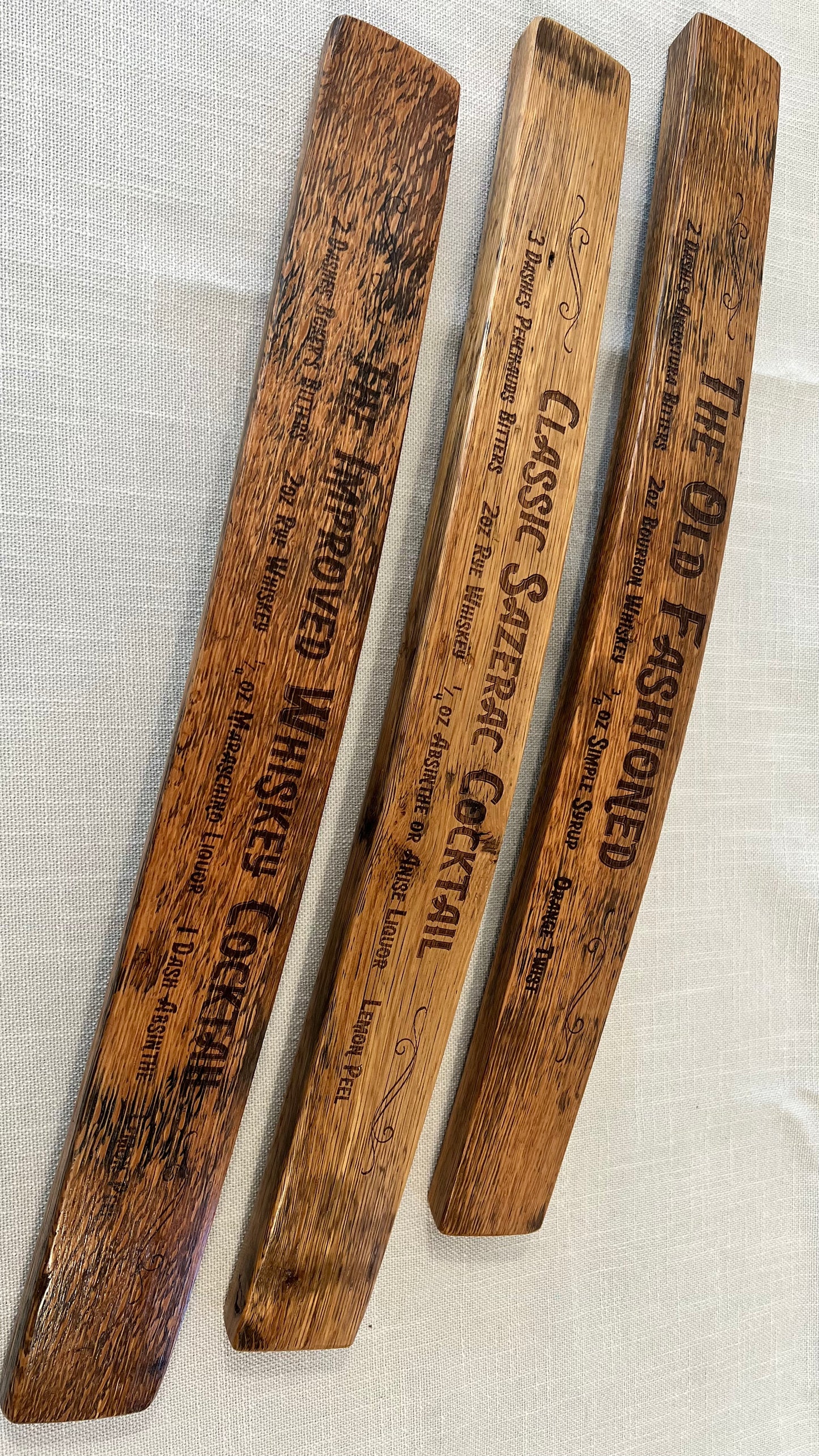 Decorative Barrel Stave with Cocktail Recipe / Sazerac, Old Fashioned, Improved Whiskey Cocktail