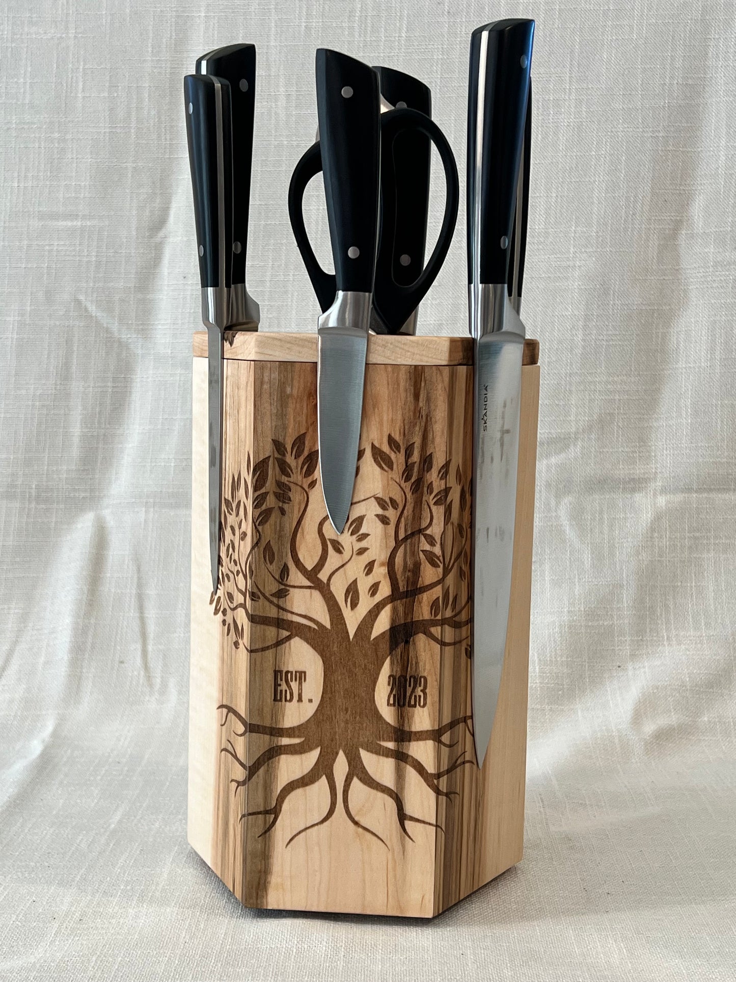 Hand-Made Ambrosia Maple Rotating Magnetic Knife Block, includes Free Personalization