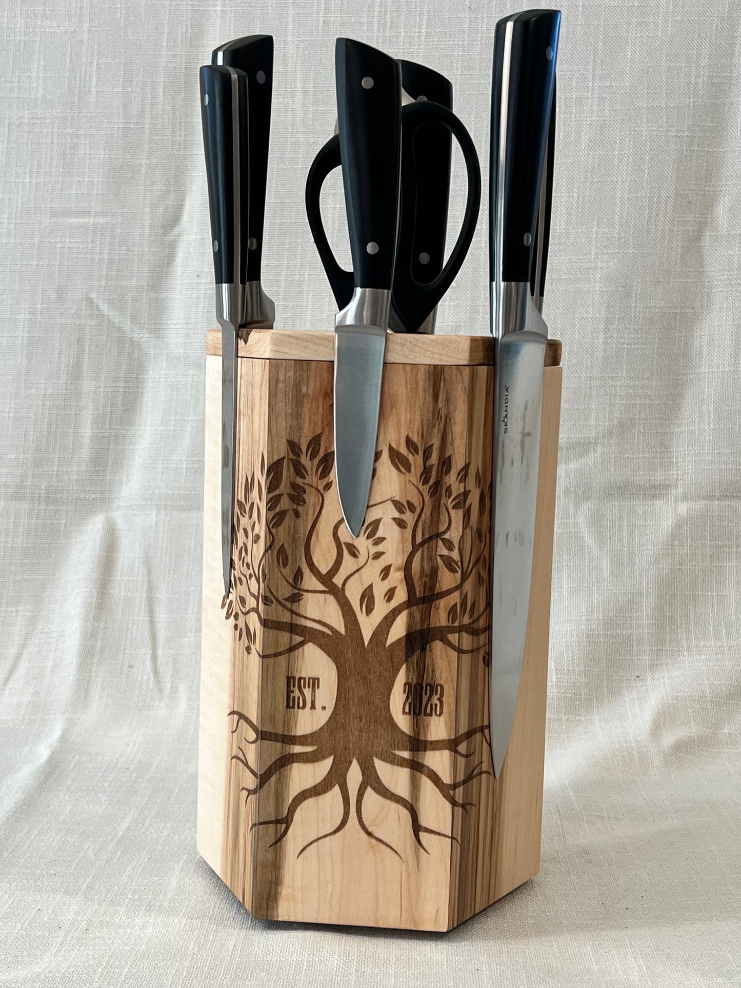 Hand-Made Ambrosia Maple Rotating Magnetic Knife Block, includes Free Personalization