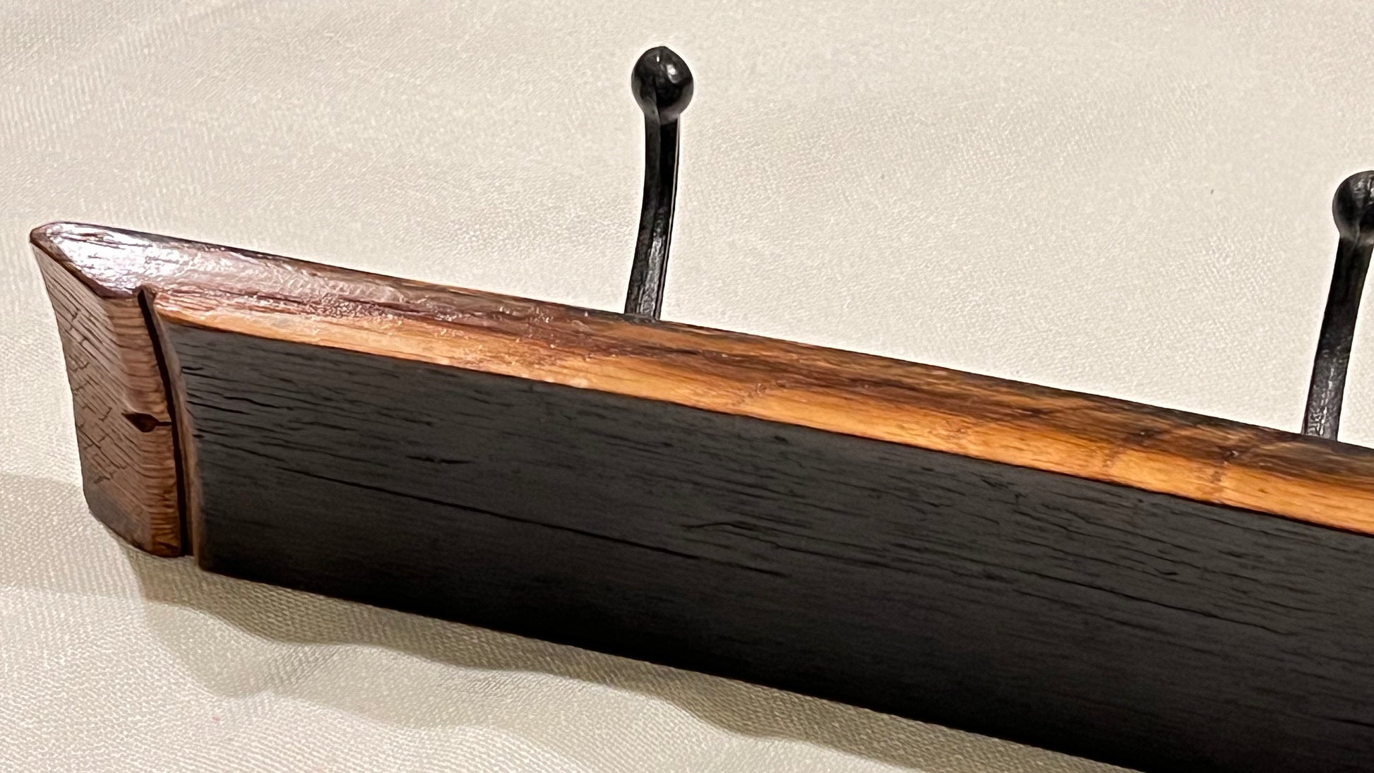 Coat rack, bourbon barrel stave, 5 rustic hooks, black
view from charred back side