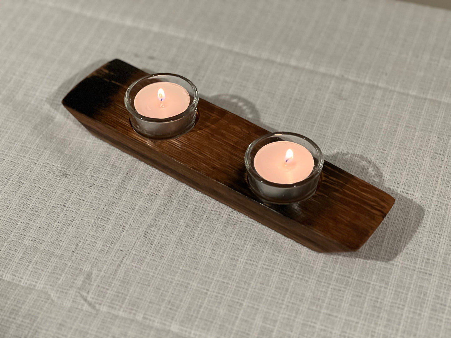 Tea light holder. including tea light glass and tea light, 2 light option, lit candles