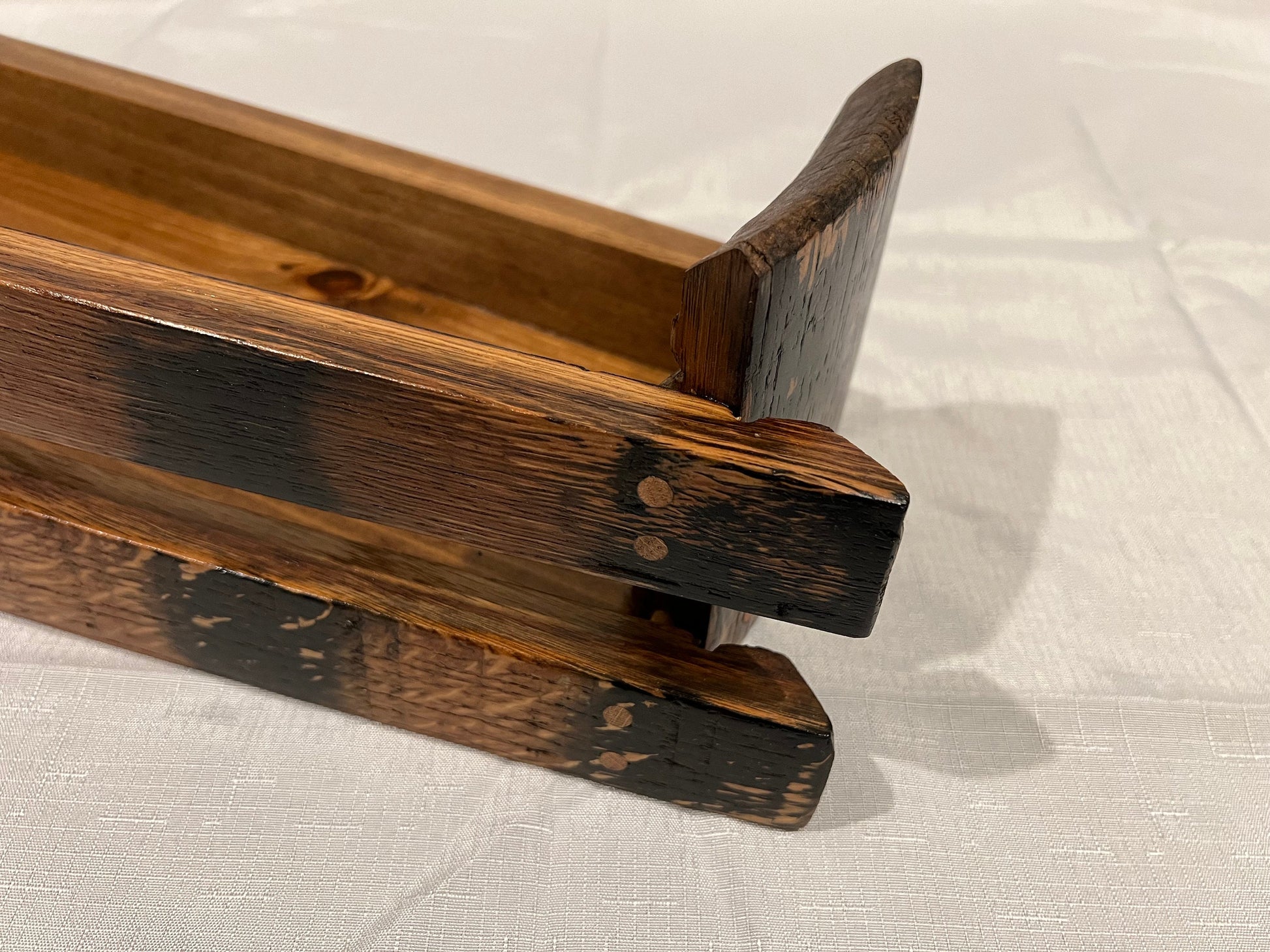 Whiskey barrel stave liquor bottle shelf single tier, front detail