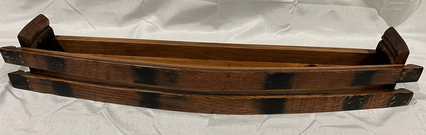 Whiskey barrel stave liquor bottle shelf, front