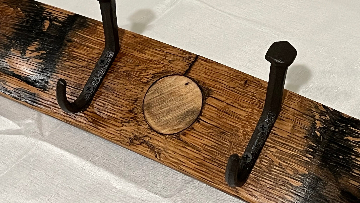 Whiskey / Bourbon Barrel Stave Coat Rack, 24in with bung