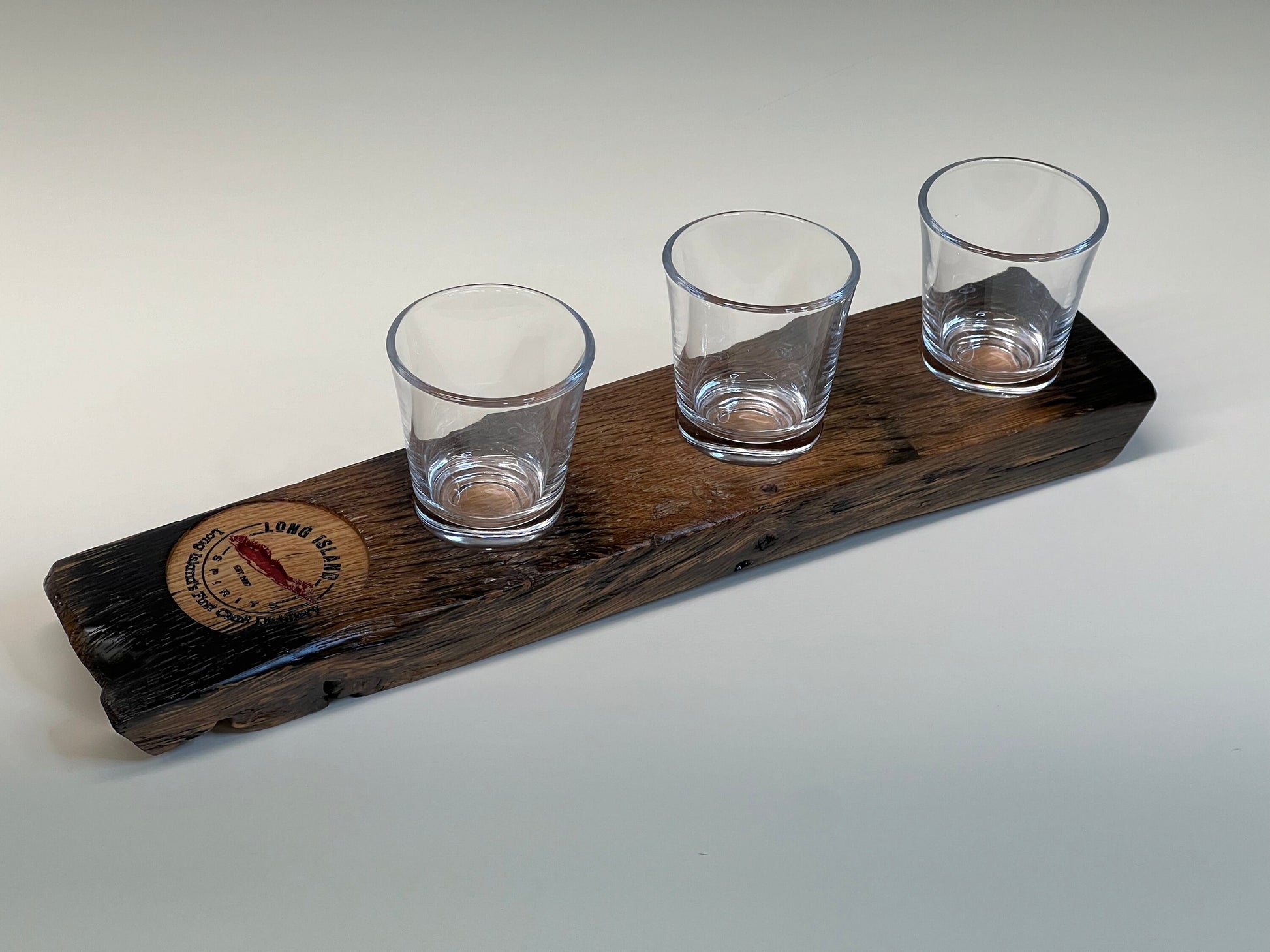 3 Shot Flight Board, whiskey stave flight board, custom logo