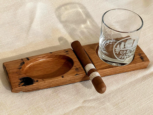 Bourbon Barrel Cigar Rest with Ashtray and Coaster / Whiskey Barrel Ashtray