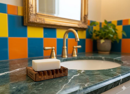 Wooden Soap Dish, natural wood, African Teak (Iroko), 4 1/4" wide, self-draining