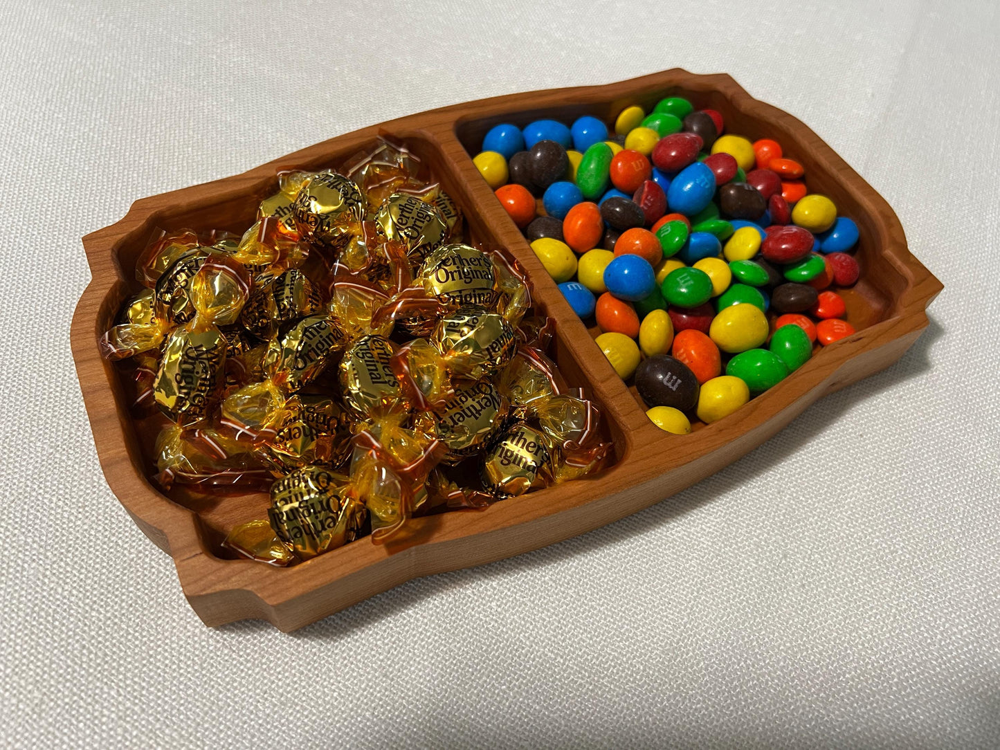 Handcrafted Wooden Candy Dish • Two‑Compartment Snack Tray • Walnut Cherry Maple • CNC Engraved Candy Bowl • Handmade Wood Gift