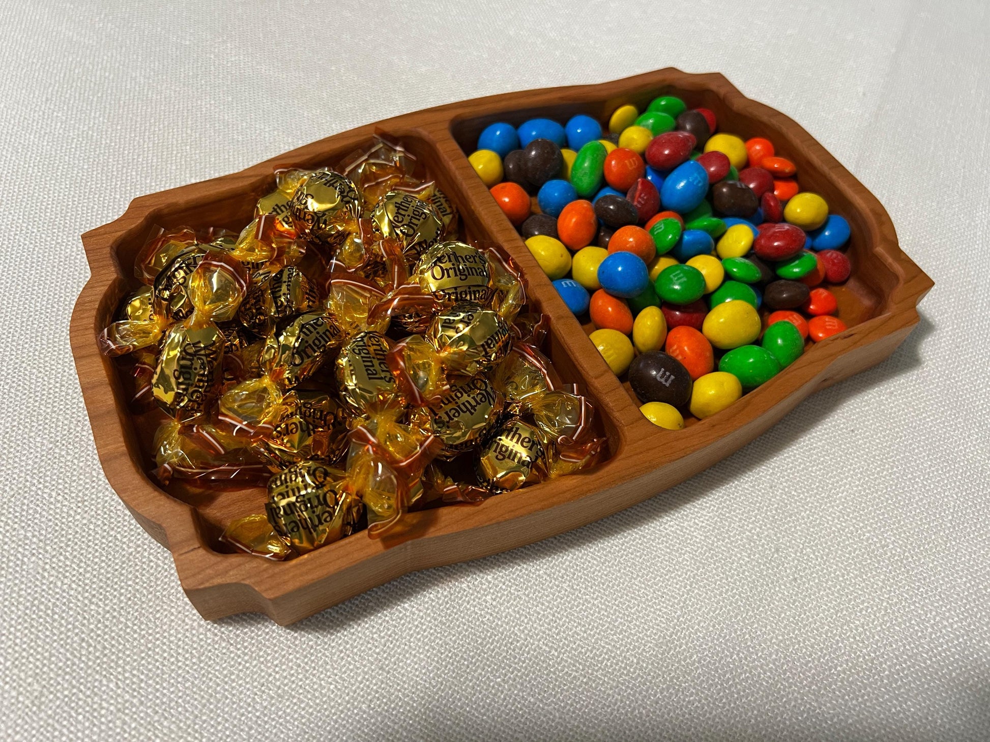 Handcrafted Wooden Candy Dish • Two‑Compartment Snack Tray • Walnut Cherry Maple • CNC Engraved Candy Bowl • Handmade Wood Gift