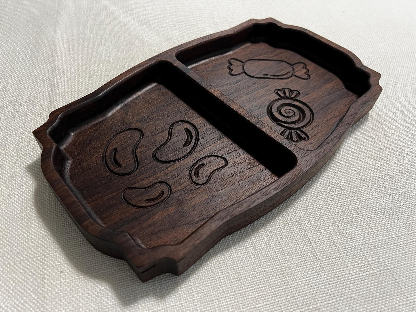 Handcrafted Wooden Candy Dish • Two‑Compartment Snack Tray • Walnut Cherry Maple • CNC Engraved Candy Bowl • Handmade Wood Gift