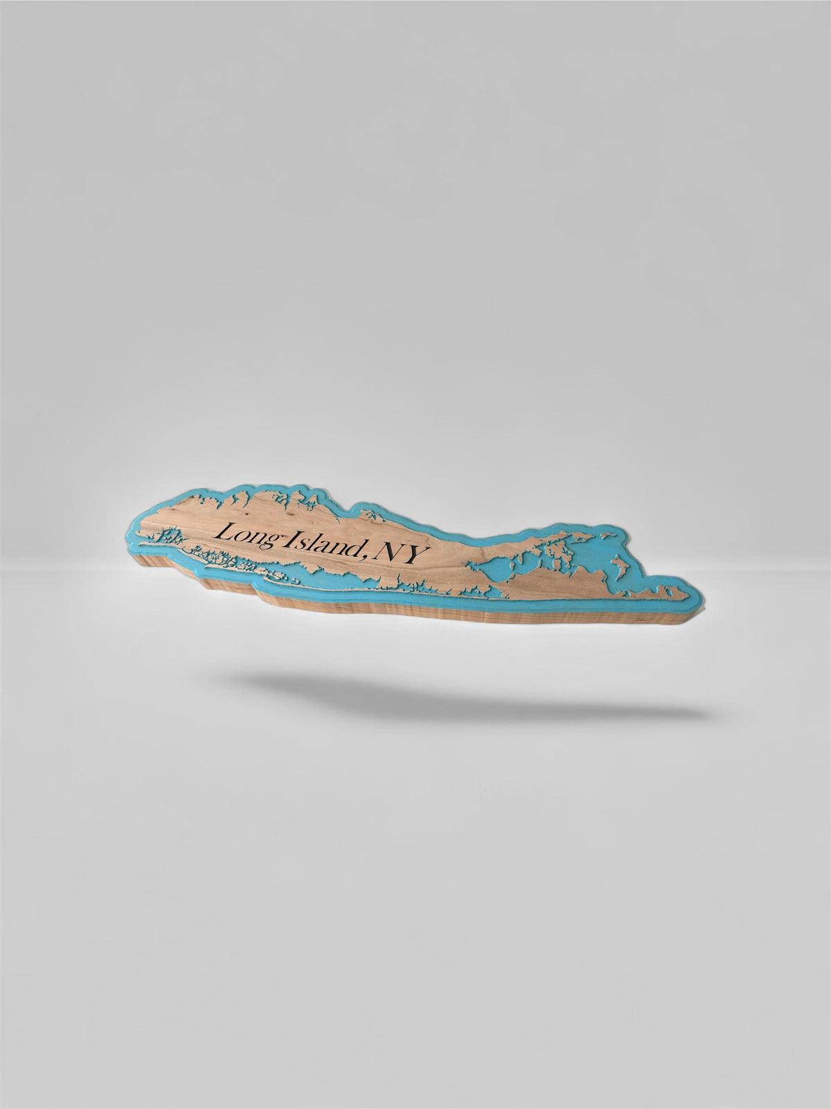 Cherry Wood Long Island, NY sign, natural cherry, aqua color