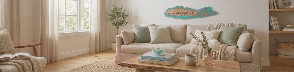 Cherry Wood Long Island, NY sign, natural cherry, aqua color
