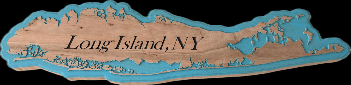 Cherry Wood Long Island, NY sign, natural cherry, aqua color